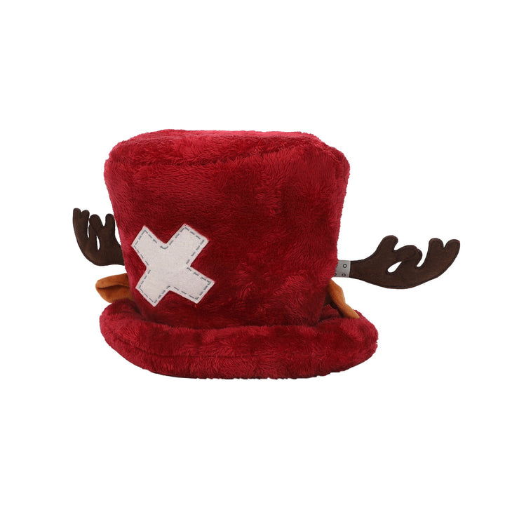 Red plush hat with white 'X' and brown antlers on a white background