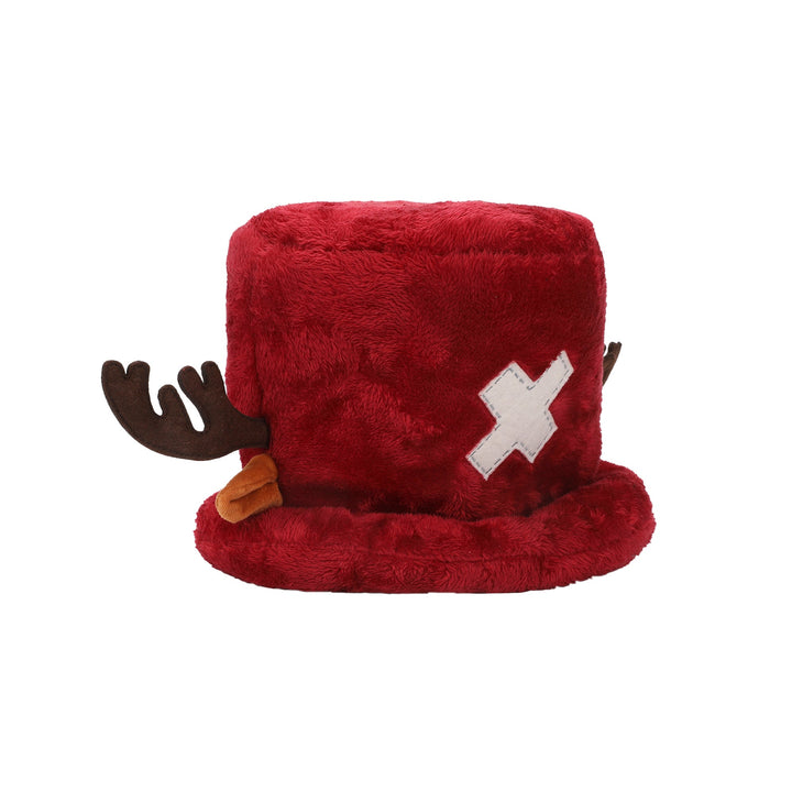 Red plush hat with a white 'X' and brown antlers on a white background