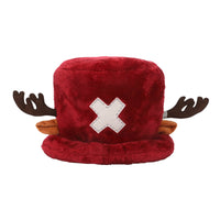 Red plush hat with white 'X' and brown antlers on a white background
