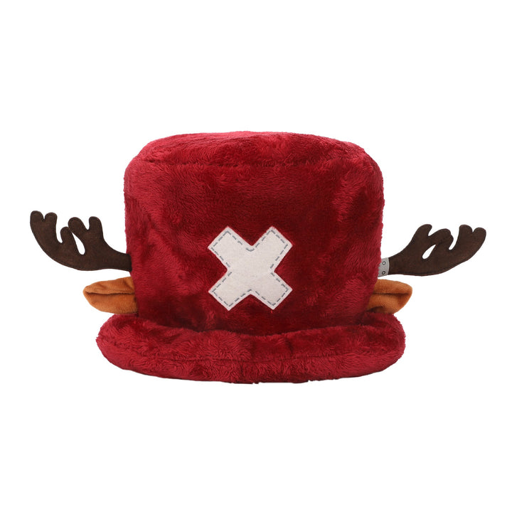 Red plush hat with white 'X' and brown antlers on a white background