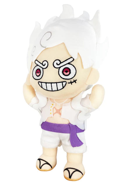 Side view of One Piece Luffy Gear 5 Awakening 9 inch Plush Doll showing white hair volume depth white Gear 5 outfit purple sash belt and arm profile officially licensed One Piece anime collectible by Great Eastern Entertainment