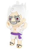 Side view of One Piece Luffy Gear 5 Awakening 9 inch Plush Doll showing white hair volume depth white Gear 5 outfit purple sash belt and arm profile officially licensed One Piece anime collectible by Great Eastern Entertainment