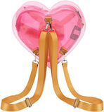 Heart-shaped pink backpack with brown straps on a white background