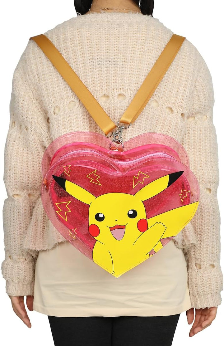 Person wearing a backpack with a heart-shaped design featuring Pikachu.