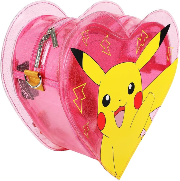 Heart-shaped pink backpack with Pikachu design on a white background