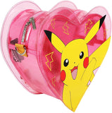 Heart-shaped pink backpack with Pikachu design on a white background