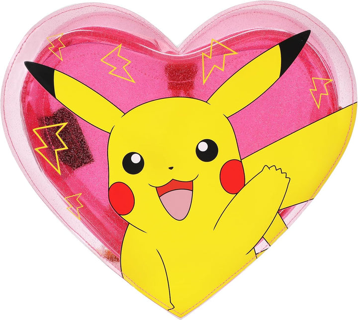 Heart-shaped pink backpack with Pikachu on a white background