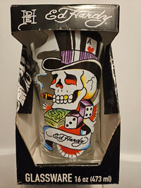 Ed Hardy Skull Hat Gamble Pint Glass 16 oz