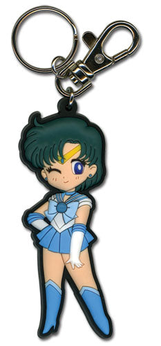 Sailor Moon Sailor Mercury flat SD chibi soft PVC keychain showing dark teal short hair blue tiara with yellow gem blue sailor collar white bow blue pleated skirt white gloves and blue knee-high boots in hand on hip pose with silver lobster clasp by Great Eastern Entertainment