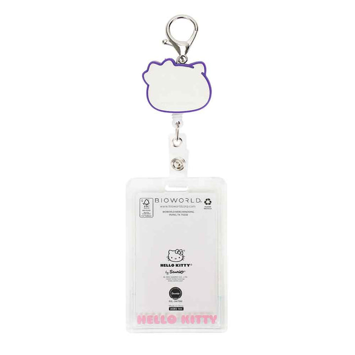 Back of retractable badge holder with a cartoon cat design and clear plastic case.