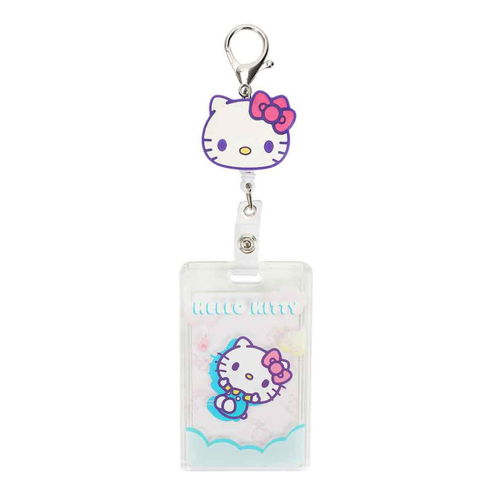 Hello Kitty retractable badge holder with metal clasp and clear plastic sleeve.