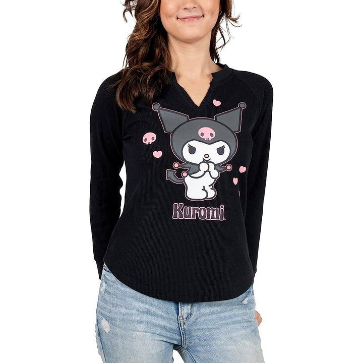 Sanrio Kuromi Juniors Black Long Sleeve Thermal Henley Shirt - Shadow Anime