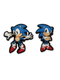 Both Classic Sonic soft PVC lapel pins from Sonic the Hedgehog Sneak and Pose set of 2 on white background: sneaking pose pin left and arms-crossed attitude pose pin right by Great Eastern Entertainment licensed by SEGA