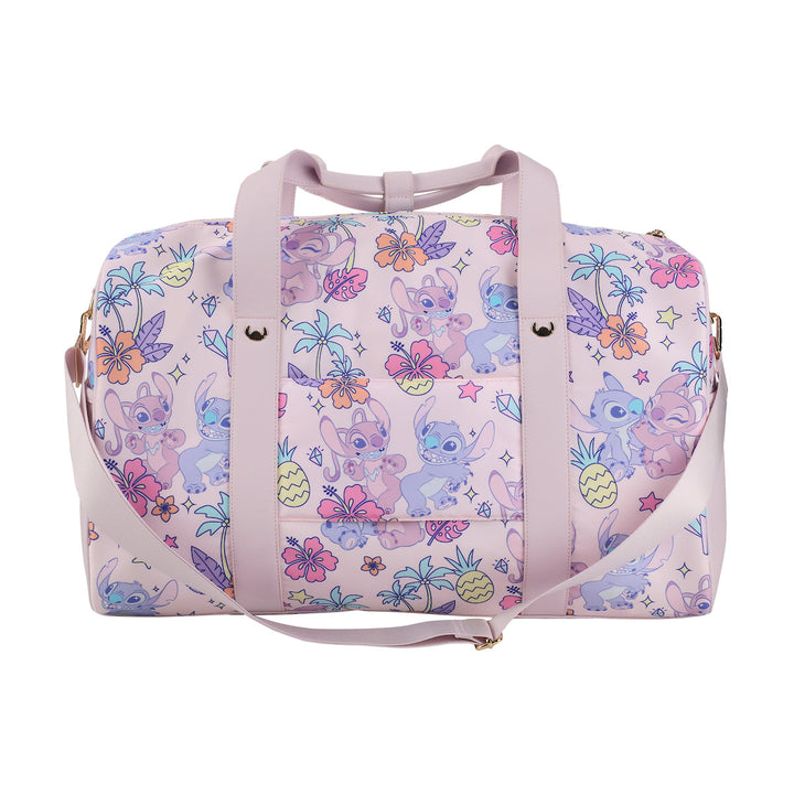 Disney Stitch and Angel duffel bag back view with tropical flower pattern