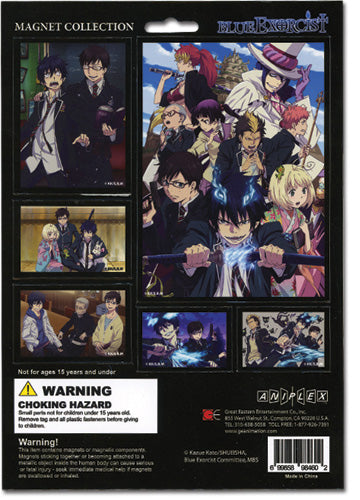 A collection of six magnets featuring characters from the anime Blue Exorcist, each magnet has a different character displayed in various poses and expressions.