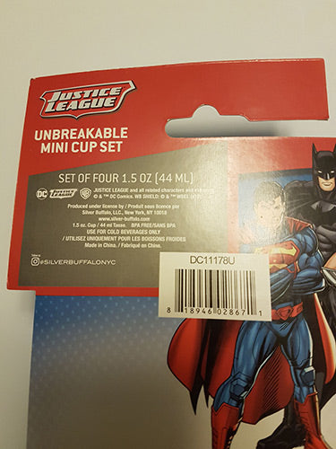 DC Justice League Unbreakable Mini Collectible Cups 1.5 oz Back Close Up