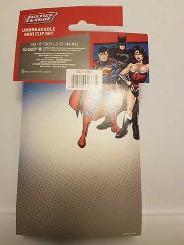 DC Justice League Unbreakable Mini Collectible Cups 1.5 oz Back