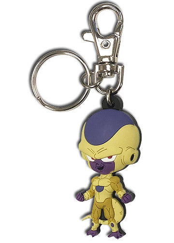 Dragon Ball Z Resurrection F Golden Frieza chibi super-deformed SD soft PVC keychain showing golden armored form with purple head dome purple shoulder armor purple tail and scowl expression with silver swivel lobster clasp and split ring by Great Eastern Entertainment