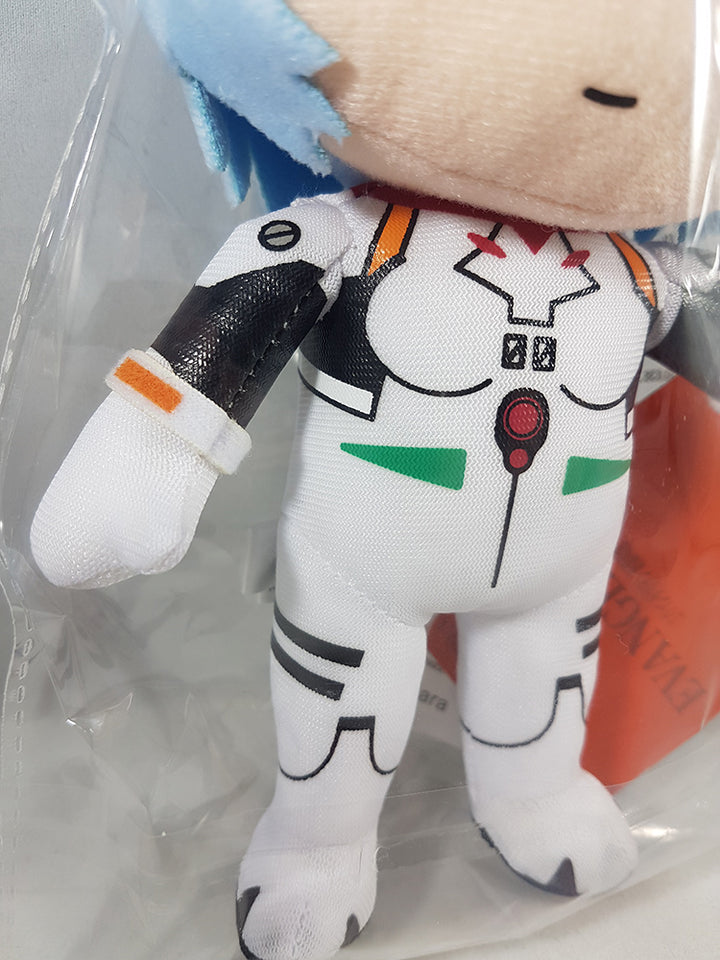 Close-up of Evangelion Rei Ayanami Plugsuit 9-inch plush doll showing white plugsuit body with black arm panel orange stripe accent red chest gem green triangle hip accents and printed black detail lines by Great Eastern Entertainment