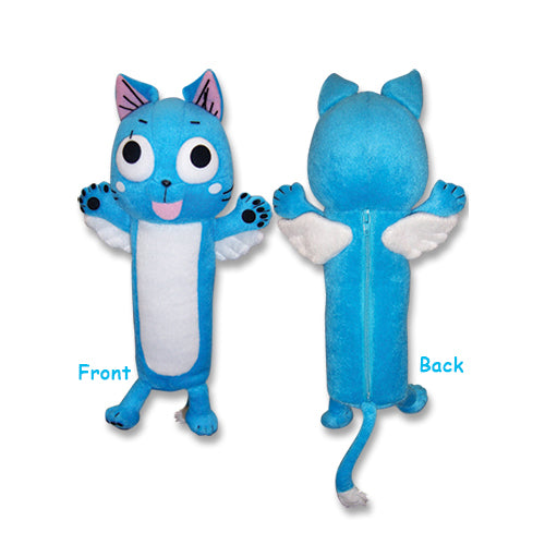 Cute blue cat plush with white belly and small wings, shown from front and back. Happy expression, wide eyes, and raised arms convey playfulness.