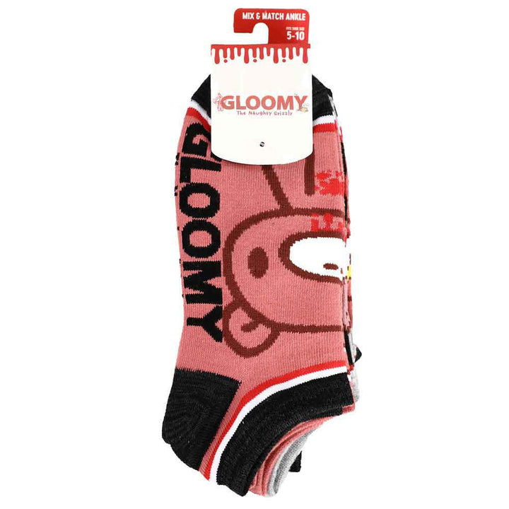 Gloomy Bear Ankle Socks 5 Pair Set Hang Tag Miz and Match Ankle Fits Shoe Size 5 10 Custom Hanging Header Card Packaging Gloomy The Naughty Grizzly