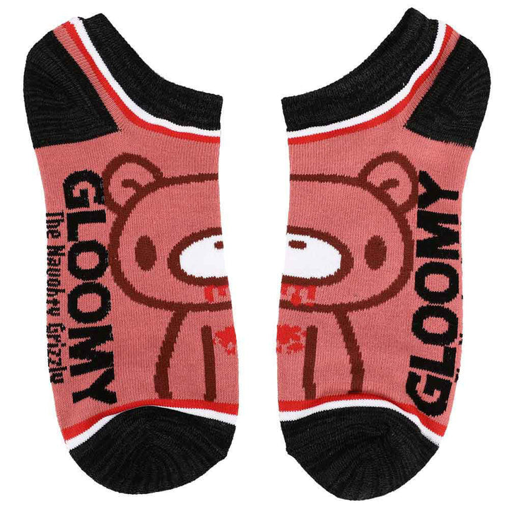 Gloomy Bear Ankle Socks 5 Pair Set Pink Black With White and Red Lines and Gloomy Bear Standing Pose With Blood Drool and Splatter Gloomy The Naughty Grizzly