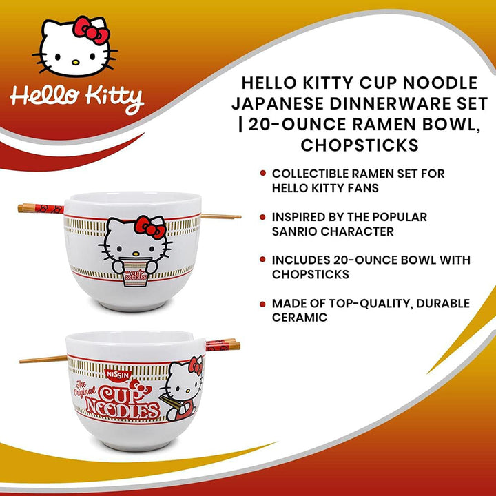 Hello Kitty Cup Noodles Ceramic Ramen Bowl Set With Wooden Chopsticks Front and Back Plus Details