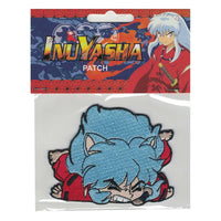 An Inuyasha Sit Boy SD Iron Sew On Patch featuring the character Inuyasha in a blue and red outfit with a 'sit, boy' expression, packaged in a clear plastic case.