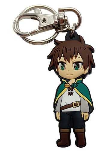 A PVC keychain featuring a stylized character in a green outfit and hat, resembling Kazuma Sato from anime.