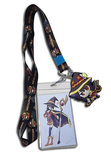 A lanyard featuring an illustration of Megumin from the anime Konosuba, complete with a charm depicting the character.