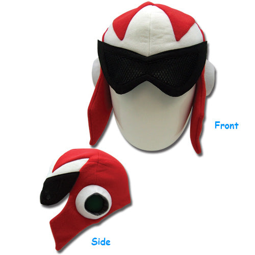 Mega Man Proto Man cosplay helmet hat showing red white fabric construction black mesh visor panel side ear flaps and circular eye detail front and side view by Great Eastern Entertainment