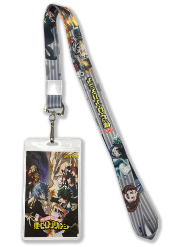 A colorful lanyard featuring characters from the anime My Hero Academia, with a striped background.