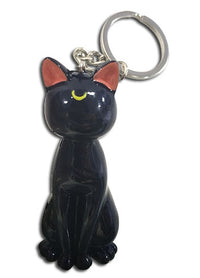 Sailor Moon Luna Cat 3D sculpted hard plastic keychain in sitting pose showing high-gloss very dark purple finish pink inner ears and yellow crescent moon on forehead with silver chain and split ring by Great Eastern Entertainment