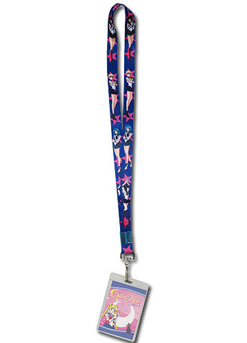 Blue lanyard with anime characters and stars, attached to a badge holder displaying an illustration.