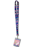 Blue lanyard with anime characters and stars, attached to a badge holder displaying an illustration.