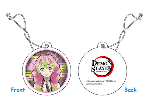Demon Slayer Mitsuri Kanroji circular die-cut air freshener showing front with full-color anime portrait pink and green gradient hair floral background and back with official Demon Slayer logo and copyright attribution by Great Eastern Entertainment licensed by Koyoharu Gotoge SHUEISHA Aniplex ufotable