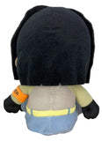 Back view of Dragon Ball Super Android 17 Sitting Pose Plush Doll showing black hair construction yellow belt light blue pants and orange Ranger wristband officially licensed Dragon Ball Super anime collectible by Great Eastern Entertainment