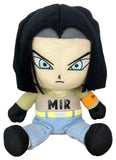 Dragon Ball Super Android 17 Sitting Pose Plush Doll front view showing Android 17 in tan MIR shirt yellow belt light blue pants black fingerless gloves orange Ranger wristband and embroidered teal eyes with long black hair officially licensed by Great Eastern Entertainment