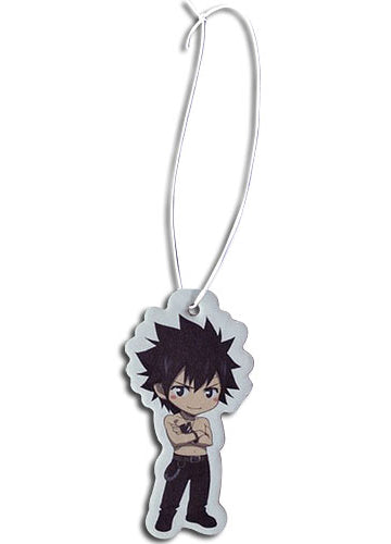 Fairy Tail Gray Fullbuster SD chibi die-cut air freshener 3.5 x 1.75 inch card showing Gray in shirtless arms-crossed pose with spiky dark hair chest tattoo dark pants boots and white silhouette border white cord hanging loop by Great Eastern Entertainment