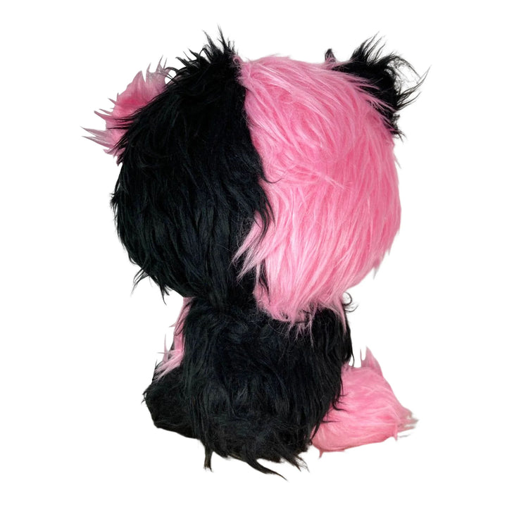Back view of Gloomy Bear Pink Black Fur 8 inch Sitting Plush Doll showing vertical split color division with black long fur on left half and pink long fur on right half from crown through body two mismatched color bear ears and pink paw detail at bottom officially licensed by Great Eastern Entertainment under Mori Chack