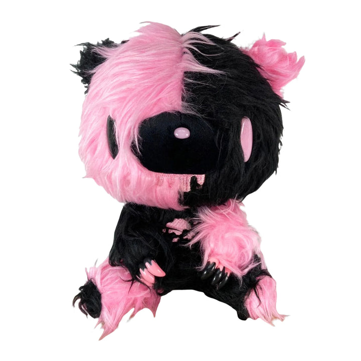 Gloomy Bear Pink Black Fur 8 inch Sitting Plush Doll front view showing split half black half pink long shaggy faux fur lavender plastic eyes pink blood drip at mouth and pink blood claw tips on all four paws in seated pose officially licensed by Great Eastern Entertainment under Mori Chack