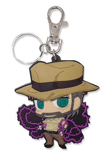 Jojo's Bizarre Adventure Joseph Joestar flat SD chibi soft PVC keychain showing tan fedora with dark brown band teal eyes olive green jacket and purple Hermit Purple Stand vines wrapping both hands with silver swivel lobster clasp by Great Eastern Entertainment