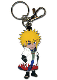 Naruto Shippuden Minato Namikaze flat SD chibi soft PVC keychain showing spiky bright yellow hair blue eyes white 4th Hokage coat with red flame pattern hem green flak jacket blue pants and black sandals with silver swivel lobster clasp by Great Eastern Entertainment