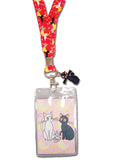 Sailor Moon Cat Guardians Lanyard close-up showing PVC Luna charm Artemis and Luna card insert and red cat pattern strap by Great Eastern Entertainment