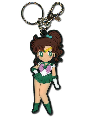 Sailor Moon Sailor Jupiter flat SD chibi soft PVC keychain showing brown hair in high ponytail with green hair tie green tiara with yellow gem green sailor collar pink bow green pleated skirt white gloves and green knee-high boots in arms-crossed pose with silver swivel lobster clasp by Great Eastern Entertainment