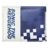 Back view of Sonic The Hedgehog Bi-fold Wallet showing split design with Sonic The Hedgehog text printed vertically on white left panel and solid navy blue right panel with white pixel checkerboard accent officially licensed by Bioworld under Sega