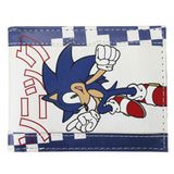 Sonic The Hedgehog Bi-fold Wallet front view showing classic Sonic running pose with Japanese katakana Sonic text in red outline print on white base with blue and white checkerboard pixel border officially licensed by Bioworld under Sega