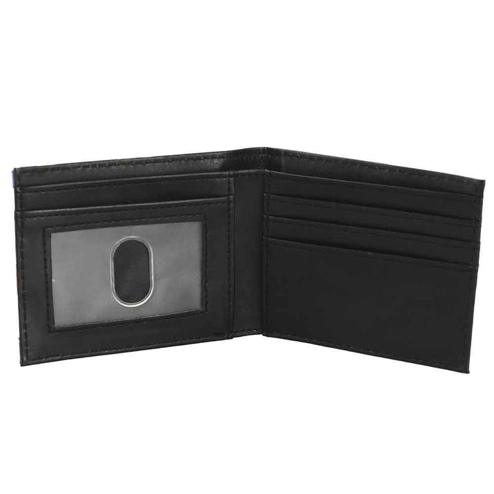 Interior view of Sonic The Hedgehog Bi-fold Wallet showing black lining with clear ID window slot with metal pull tab on left panel and three card slots on right panel officially licensed Sonic the Hedgehog gaming wallet by Bioworld