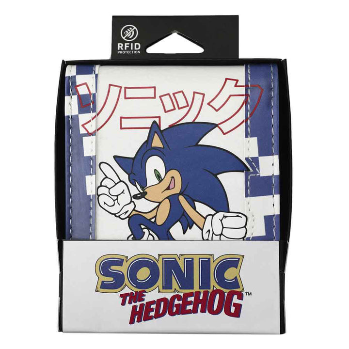 Sonic The Hedgehog Bi-fold Wallet shown in retail packaging with RFID Protection badge featuring classic Sonic pointing pose with Japanese katakana print and Sonic The Hedgehog logo on box officially licensed by Bioworld under Sega