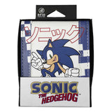 Sonic The Hedgehog Bi-fold Wallet shown in retail packaging with RFID Protection badge featuring classic Sonic pointing pose with Japanese katakana print and Sonic The Hedgehog logo on box officially licensed by Bioworld under Sega